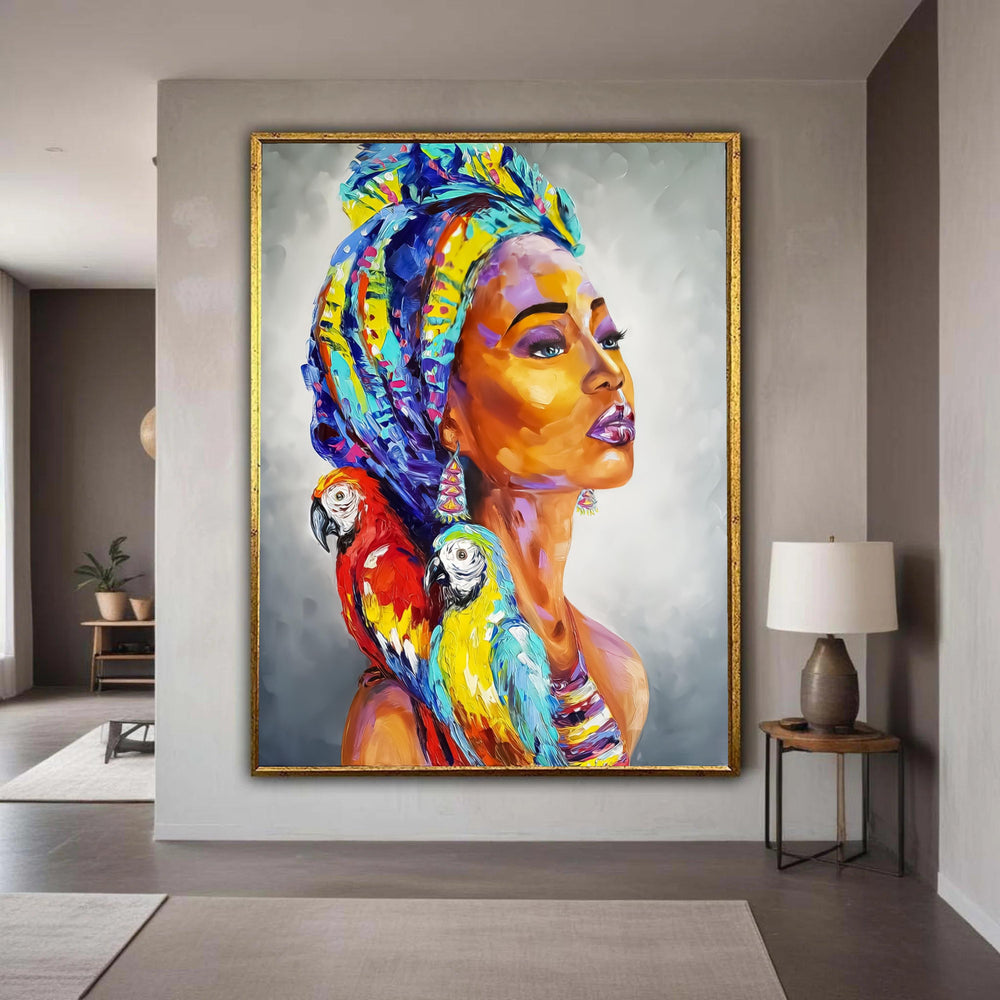 Vibrant African Woman Portrait Canvas, Colorful Headwrap and Exotic Parrots Wall Art, Contemporary Ethnic Decor, Bold Gift Art, Home Decor