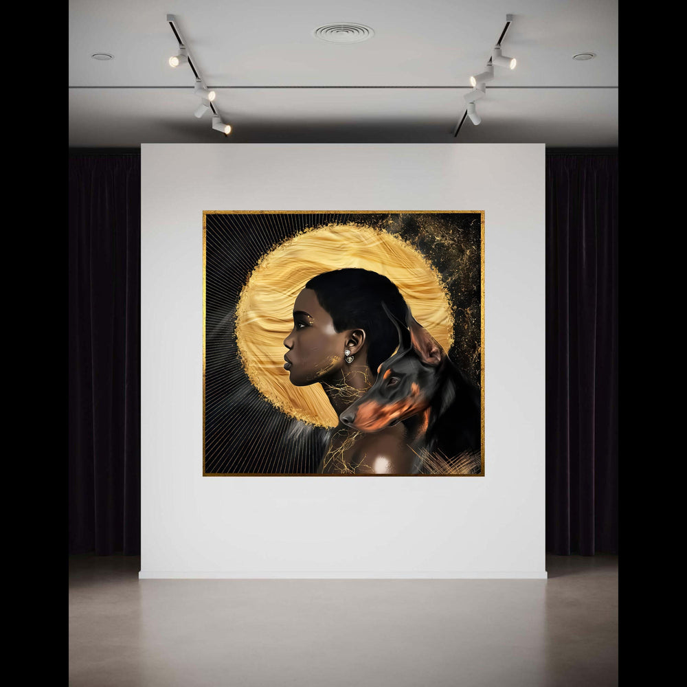Regal Woman Portrait with Doberman Dog, Golden Halo Canvas Art, Modern African American Wall Decor, Elegance and Gift Art, Home Decor