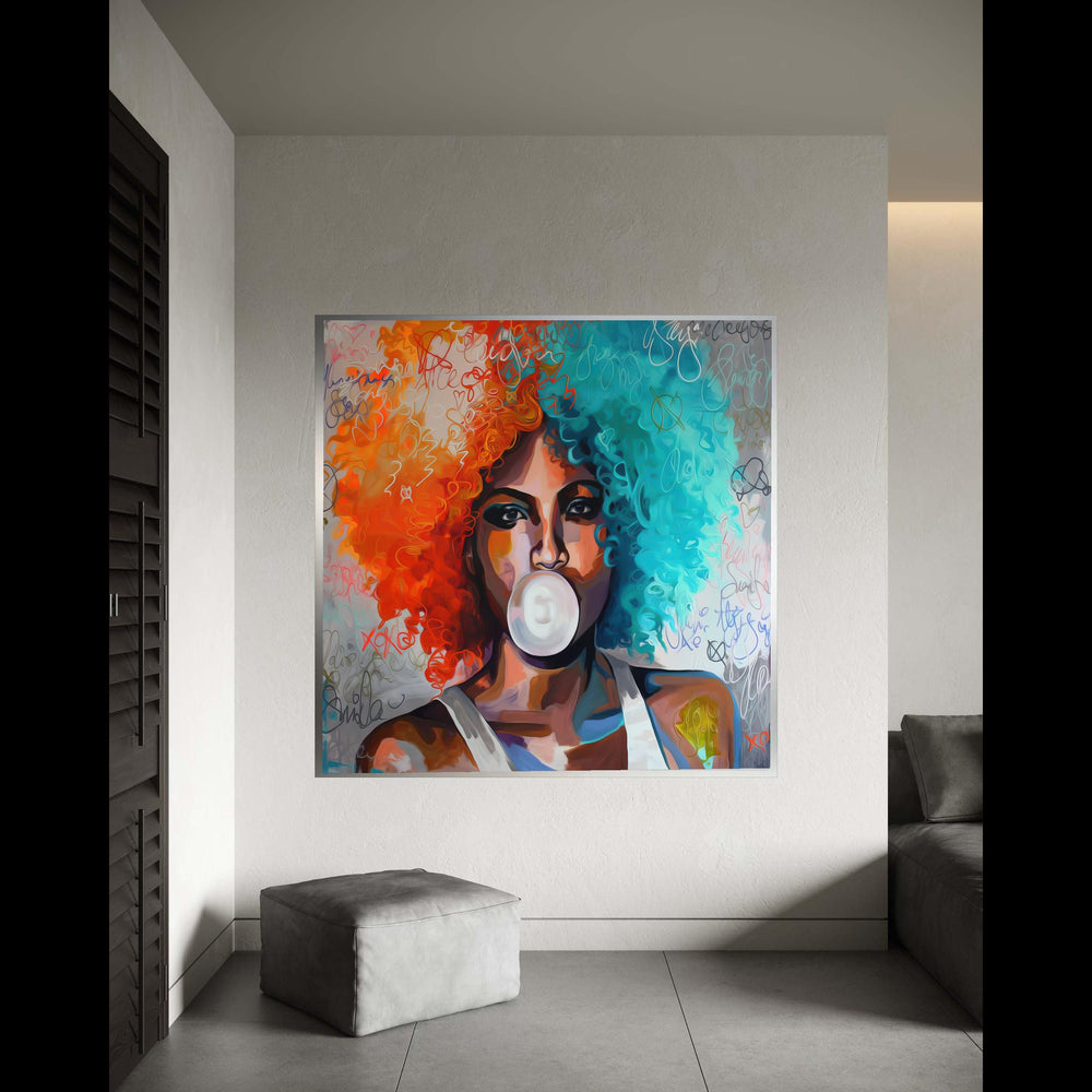 Vibrant Afro Hair Portrait Canvas, Bubblegum Pop Art Wall Decor, Colorful Modern Female Figure Painting, Urban Style Gift Art, Home Decor