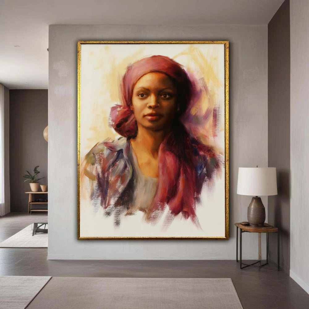 Woman Portrait Canvas, Ethnic Headscarf Wall Art, Contemporary Female Figure Painting, Warm Tones Canvas Decor, Gift Art, Home Decor
