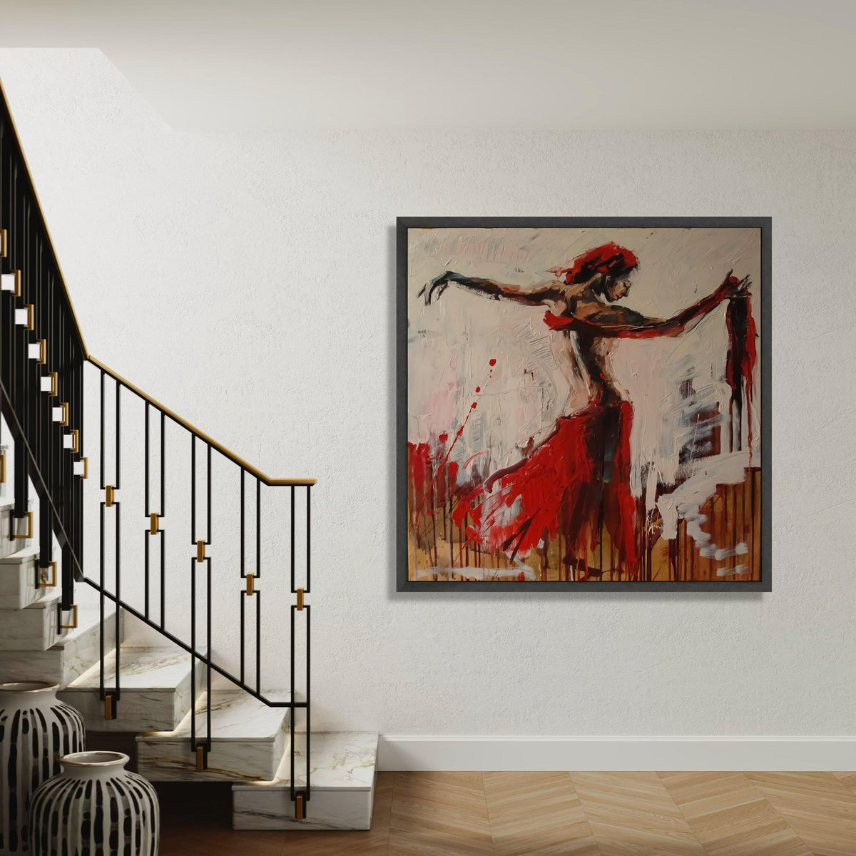 Passionate Flamenco Dancer Canvas, Red Dress Abstract Art, Modern Ballet Wall Decor, Expressionist Dance Painting, Gift Art, Home Decor