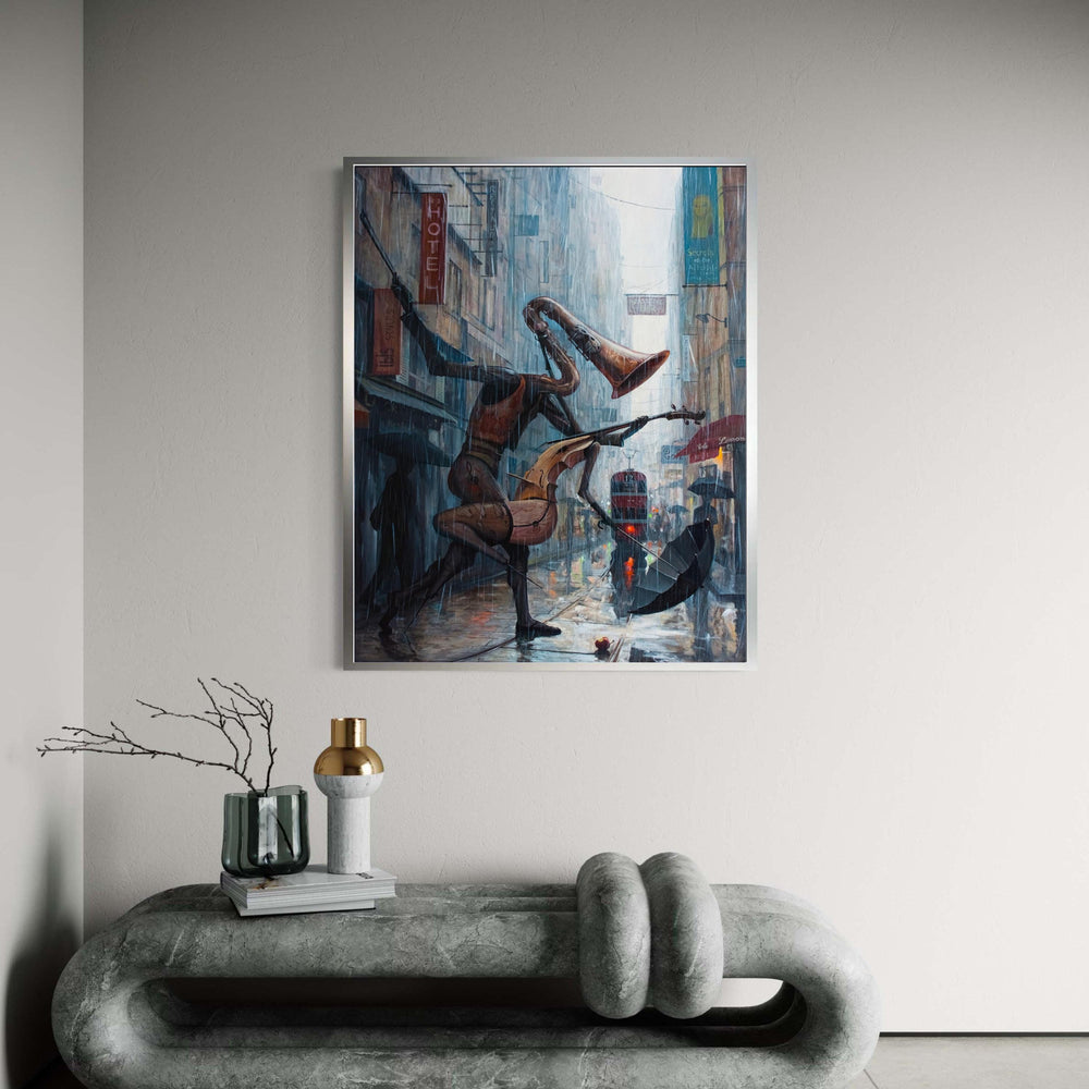 Surreal Rainy Cityscape with Musical Instruments Figures, Abstract Street Scene Canvas Wall Art, Modern Urban Music Gift Art, Home Decor