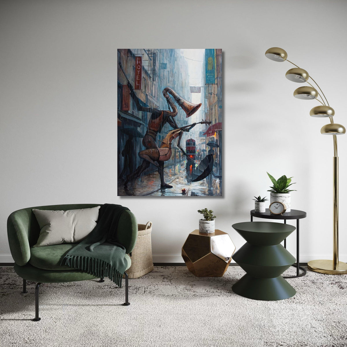 Surreal Rainy Cityscape with Musical Instruments Figures, Abstract Street Scene Canvas Wall Art, Modern Urban Music Gift Art, Home Decor