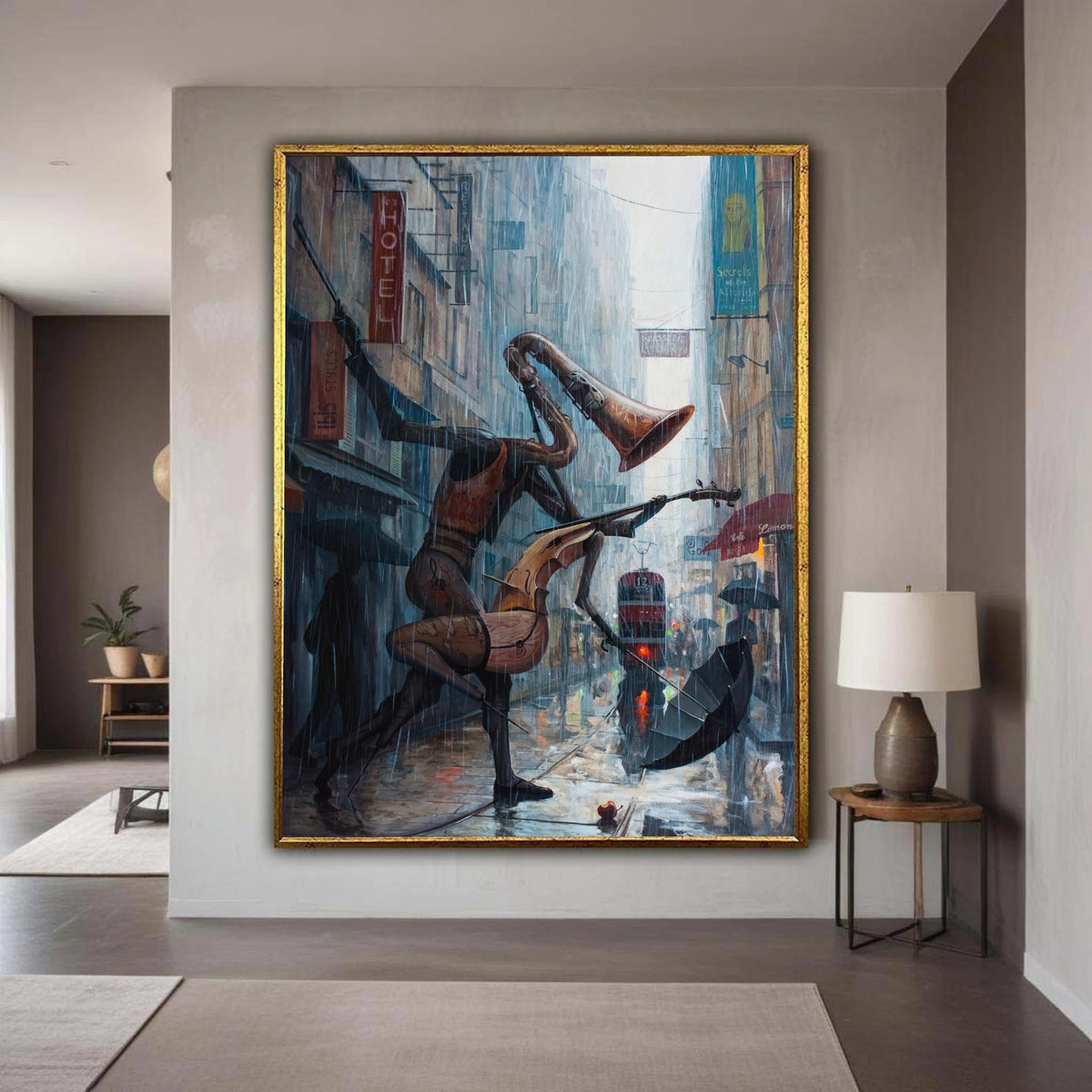 Surreal Rainy Cityscape with Musical Instruments Figures, Abstract Street Scene Canvas Wall Art, Modern Urban Music Gift Art, Home Decor