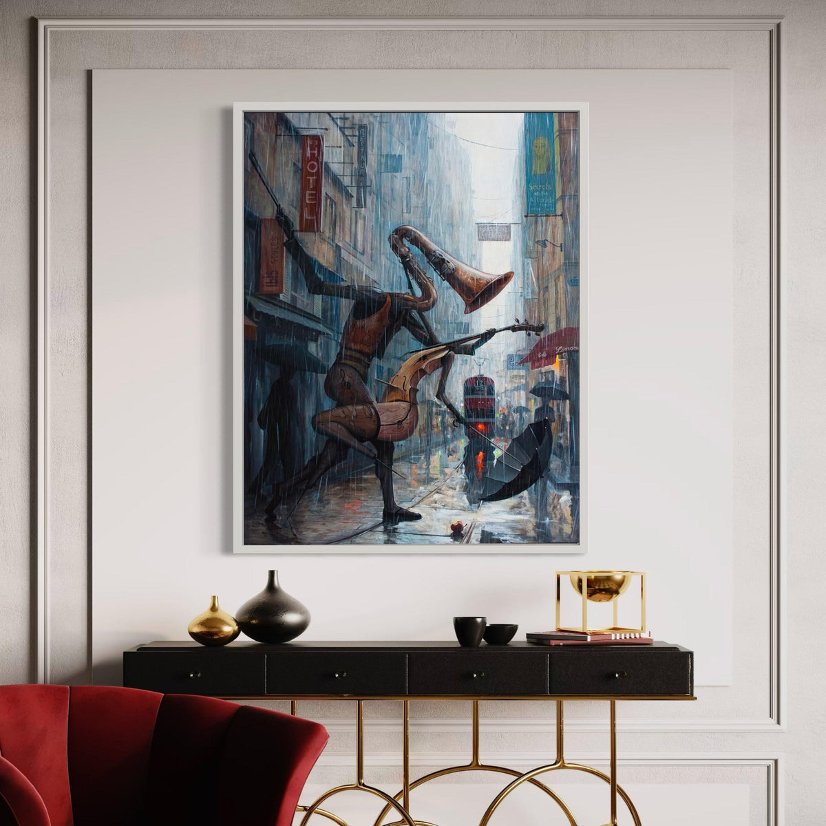 Surreal Rainy Cityscape with Musical Instruments Figures, Abstract Street Scene Canvas Wall Art, Modern Urban Music Gift Art, Home Decor