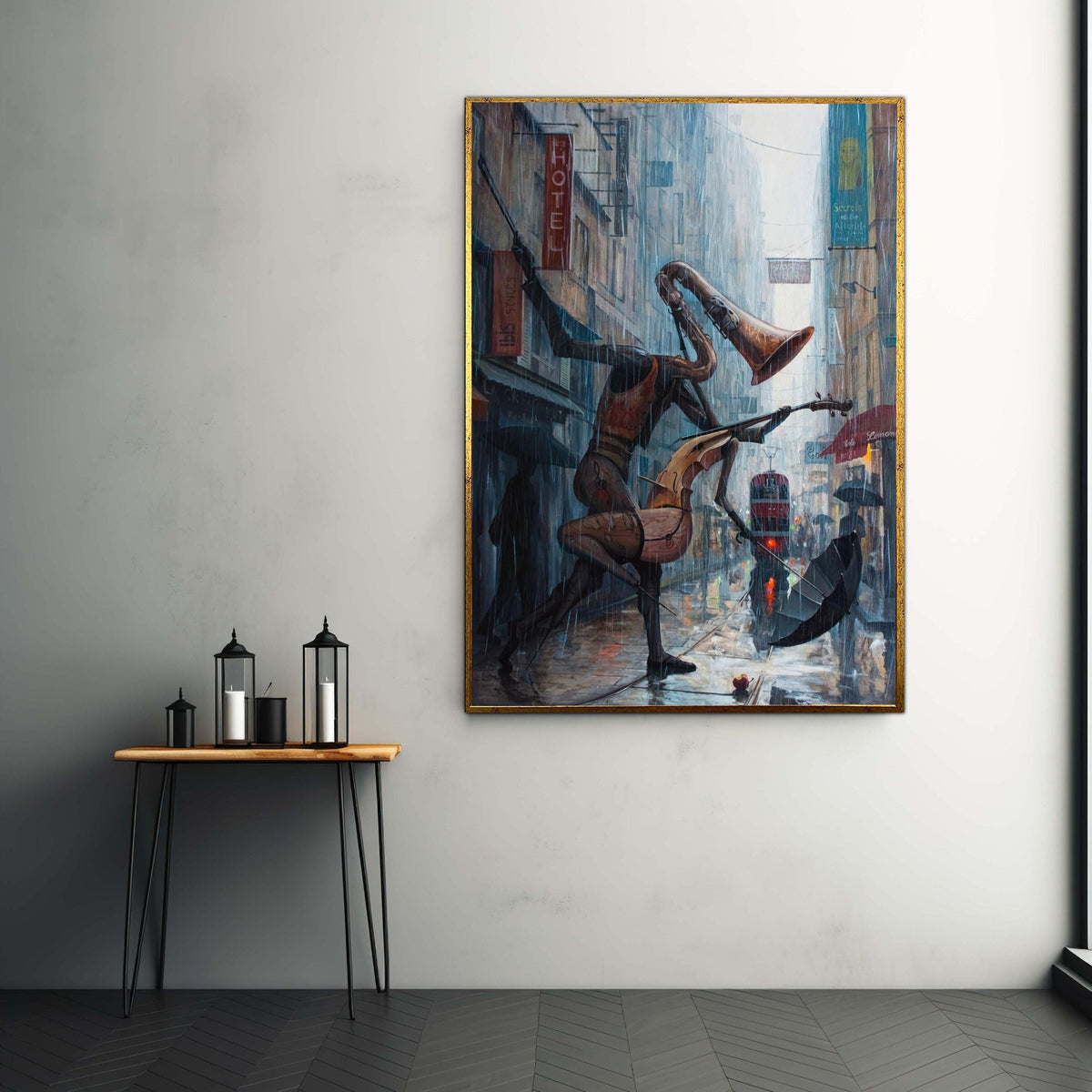 Surreal Rainy Cityscape with Musical Instruments Figures, Abstract Street Scene Canvas Wall Art, Modern Urban Music Gift Art, Home Decor