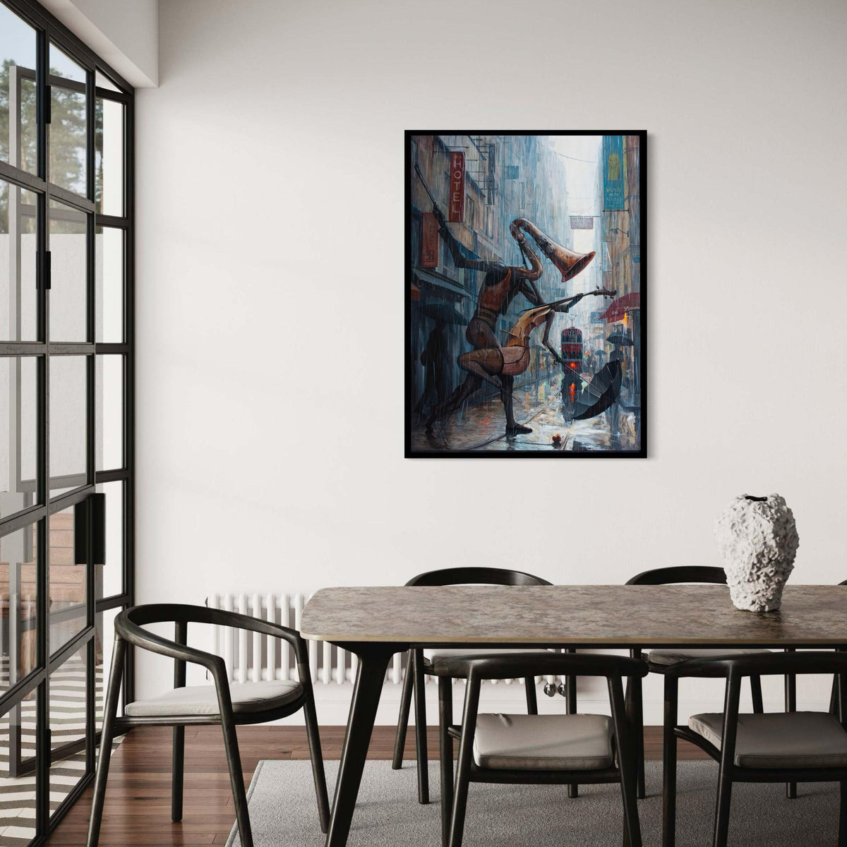 Surreal Rainy Cityscape with Musical Instruments Figures, Abstract Street Scene Canvas Wall Art, Modern Urban Music Gift Art, Home Decor
