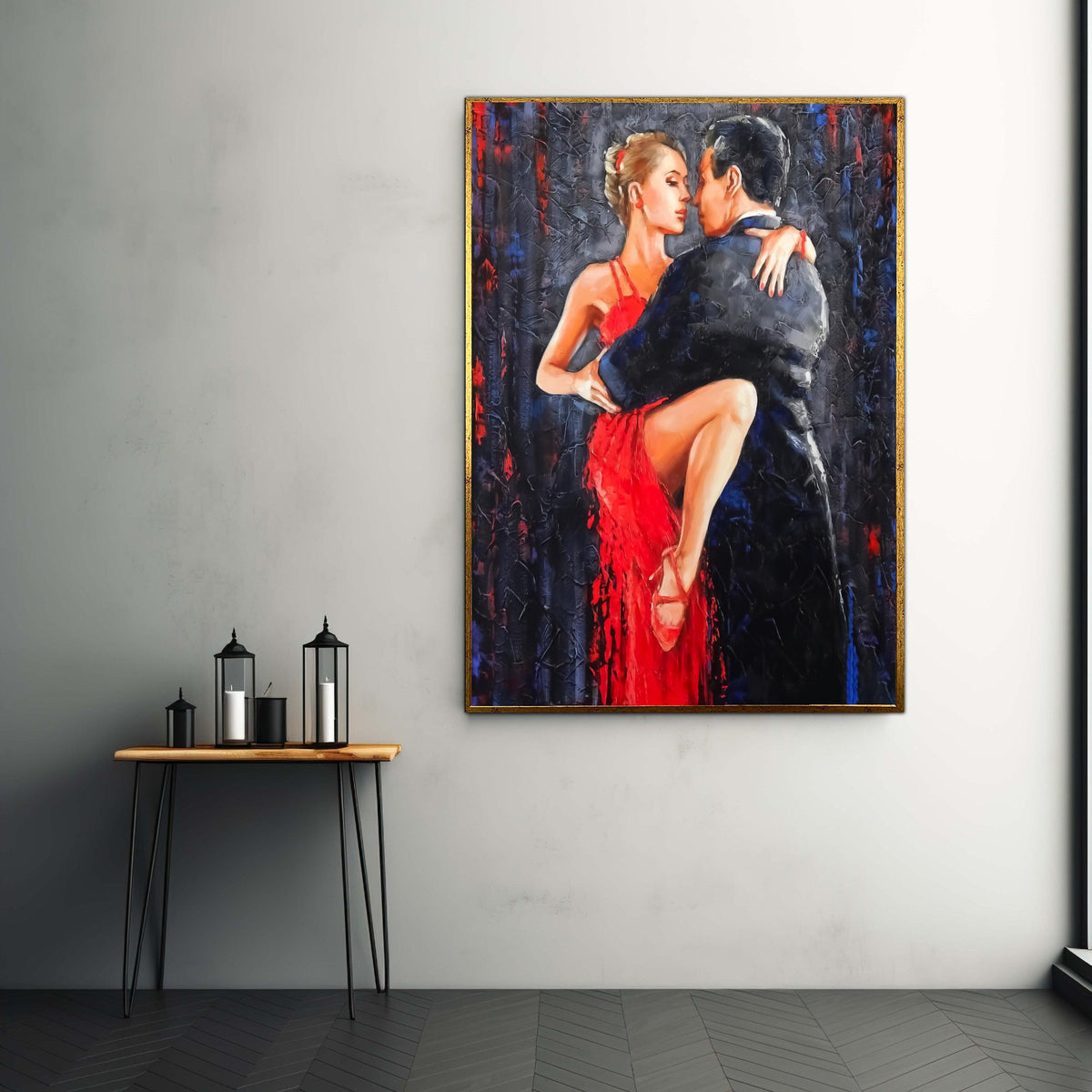 Passionate Tango Dance Scene Canvas, Couple in Red Dress and Black Suit, Romantic Dance Wall Art, Home Decor, Painting Gift Art, Home Decor