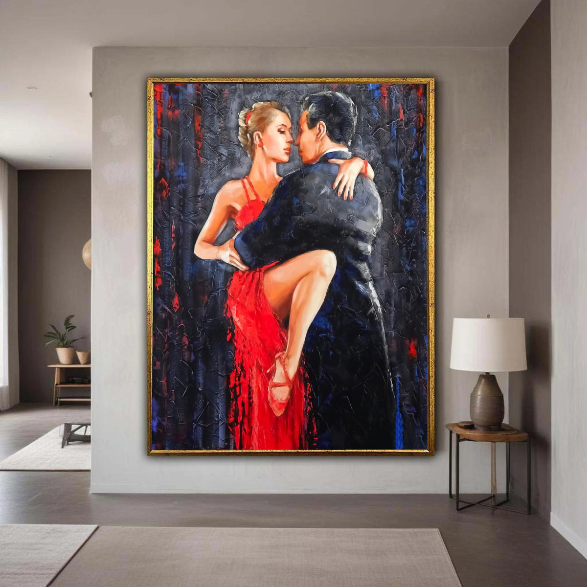 Passionate Tango Dance Scene Canvas, Couple in Red Dress and Black Suit, Romantic Dance Wall Art, Home Decor, Painting Gift Art, Home Decor