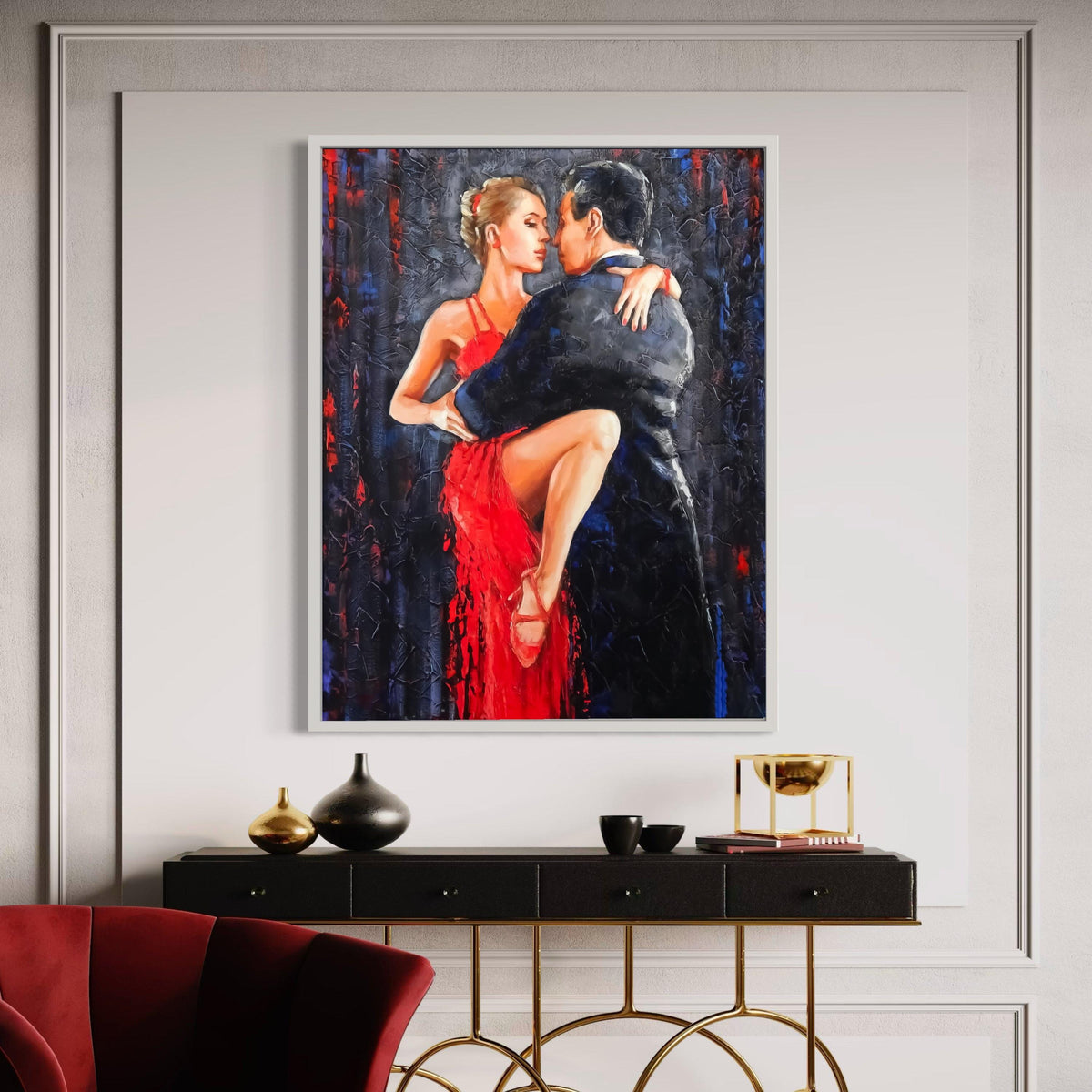 Passionate Tango Dance Scene Canvas, Couple in Red Dress and Black Suit, Romantic Dance Wall Art, Home Decor, Painting Gift Art, Home Decor