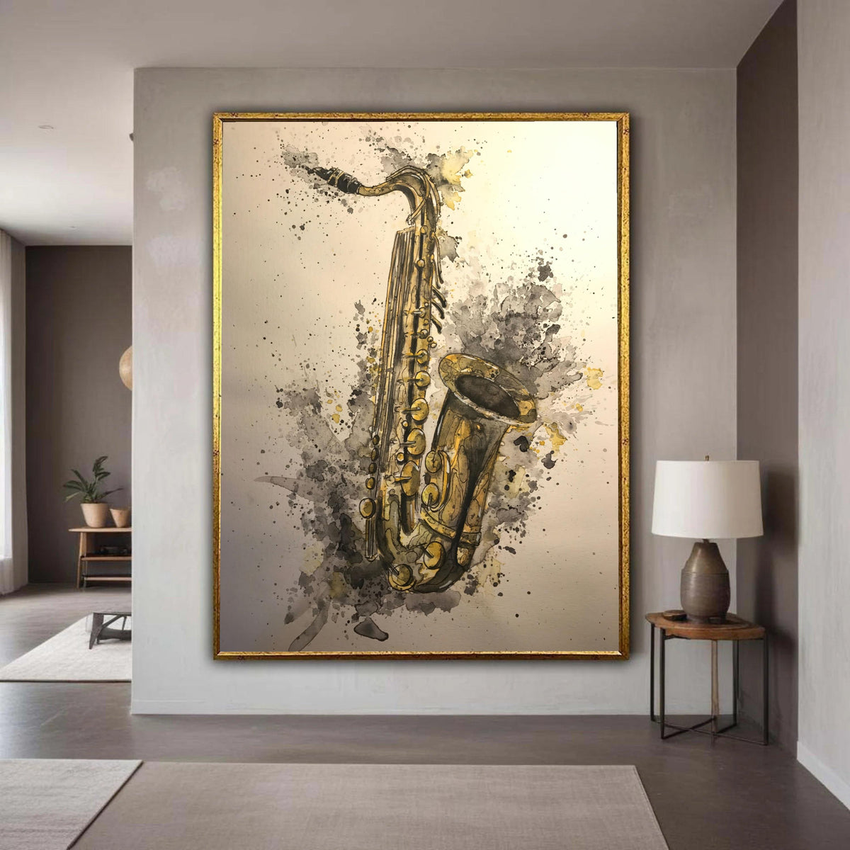 Vintage Saxophone Watercolor Canvas, Jazz Music Instrument Art, Abstract Music Wall Decor, Artistic Canvas Print, Ready Gift Art, Home Decor