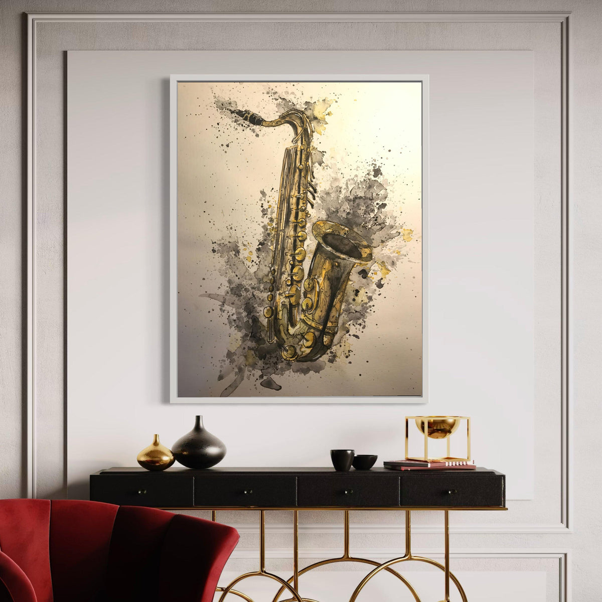 Vintage Saxophone Watercolor Canvas, Jazz Music Instrument Art, Abstract Music Wall Decor, Artistic Canvas Print, Ready Gift Art, Home Decor
