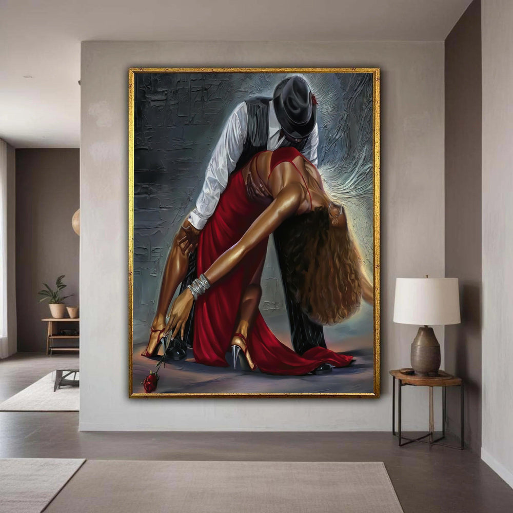 Elegant Tango Dance, Couple in Red Dress and Fedora Canvas, Romantic Ballroom Dance Art, Passionate Dance Pose Wall Gift Art, Home Decor