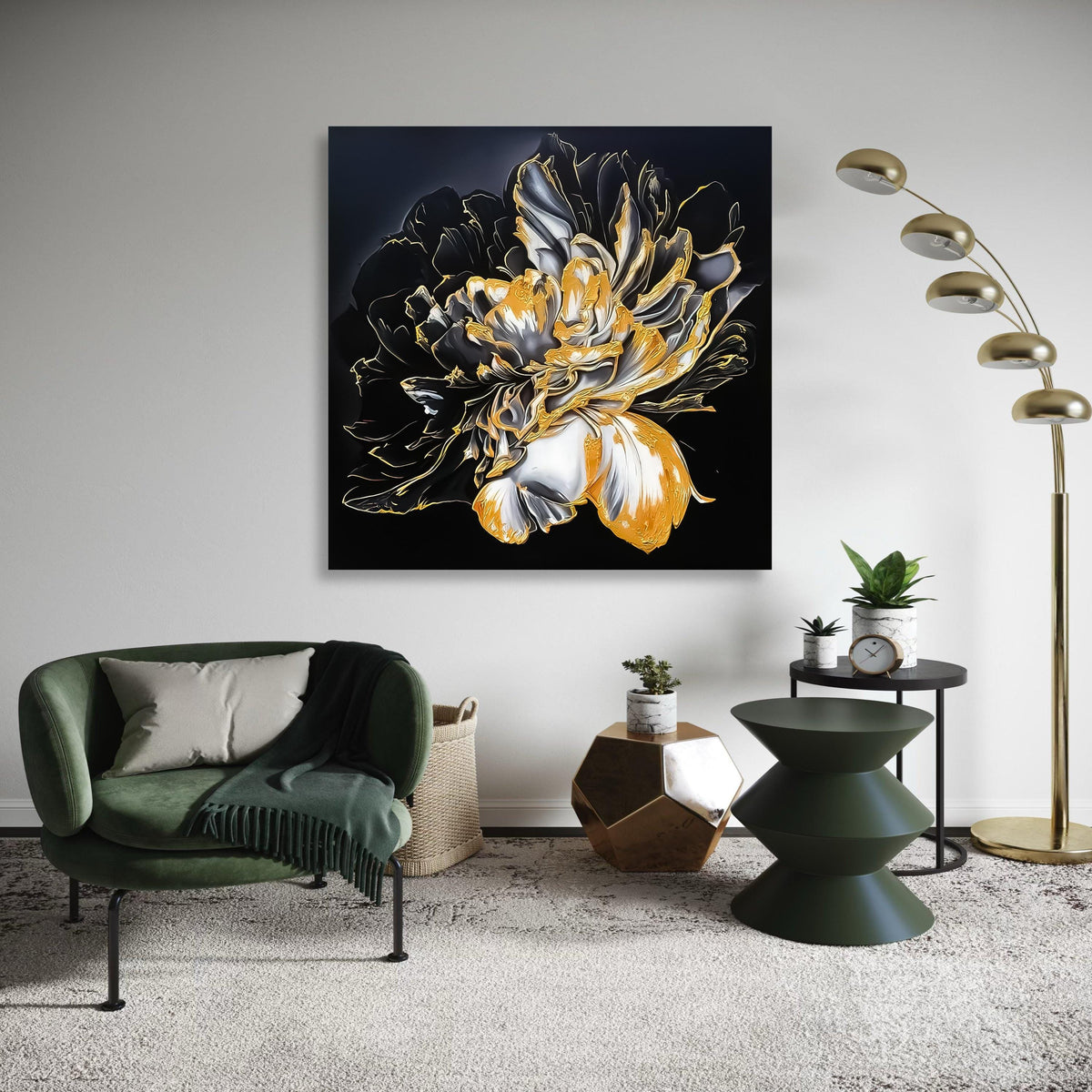 Abstract Black and Gold Floral Canvas Wall Art, Modern Flower Painting, Elegant Home Decoration, Luxury Botanical Gift Art, Home Decor