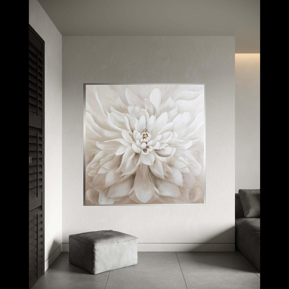 Elegant White Dahlia Canvas Wall Art, Floral Close-Up Painting, Soft Neutral Flower Decor, Large Modern Canvas, Bedroom Gift Art, Home Decor