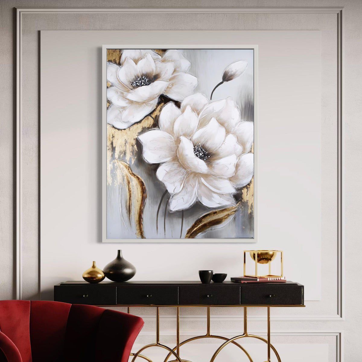 Elegant White Magnolia Flowers Canvas, Modern Floral Wall Art, Floral Painting, Neutral Home Decor, Ready to Hang Gift Art, Home Decor