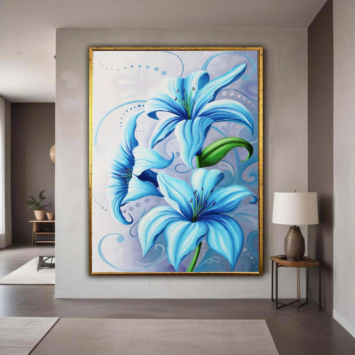 Blue Lily Flowers Canvas Wall Art, Elegant Floral Painting, Modern Botanical Decoration, Home Interior Canvas Art, Gift Art, Home Decor