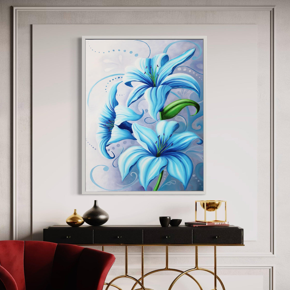 Blue Lily Flowers Canvas Wall Art, Elegant Floral Painting, Modern Botanical Decoration, Home Interior Canvas Art, Gift Art, Home Decor