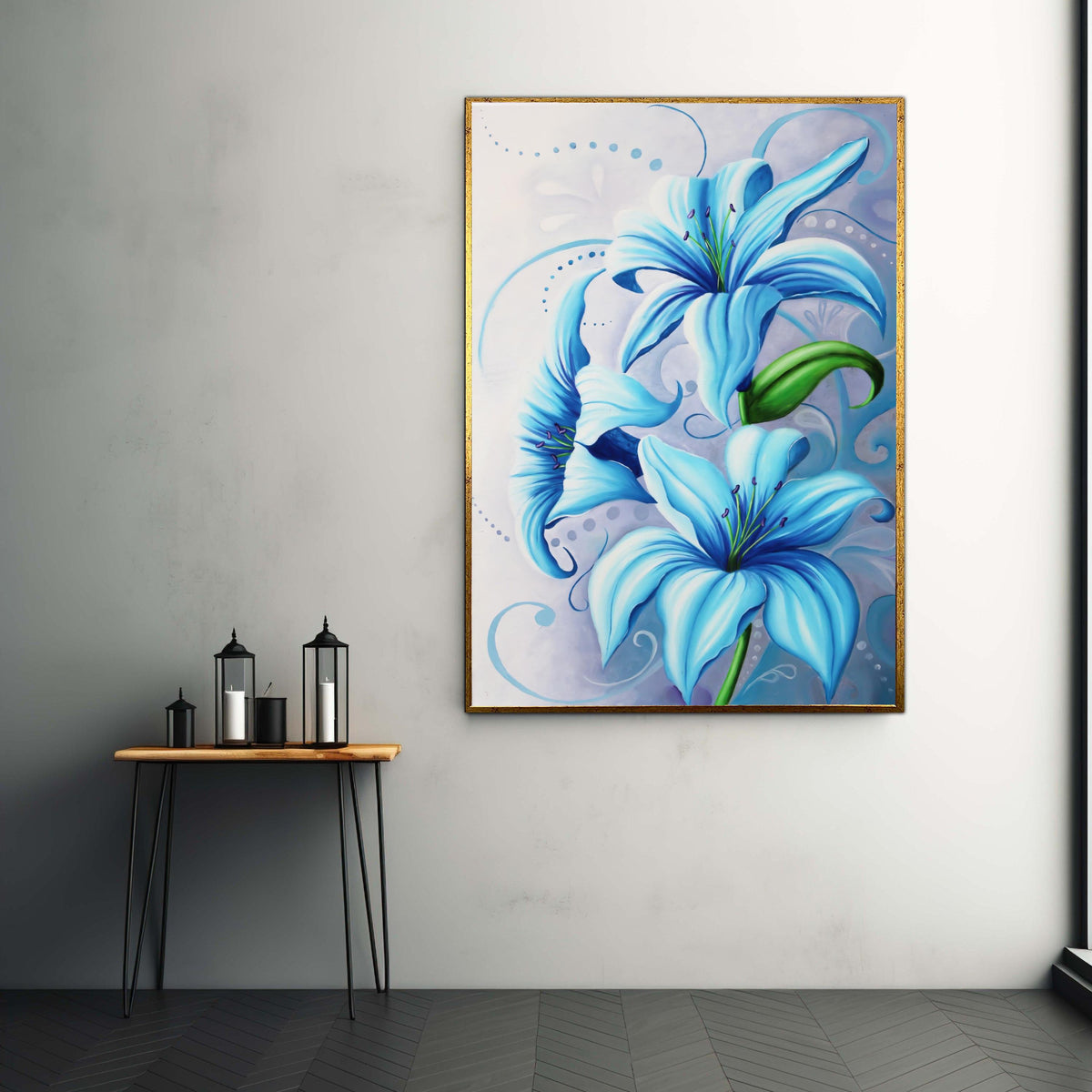 Blue Lily Flowers Canvas Wall Art, Elegant Floral Painting, Modern Botanical Decoration, Home Interior Canvas Art, Gift Art, Home Decor