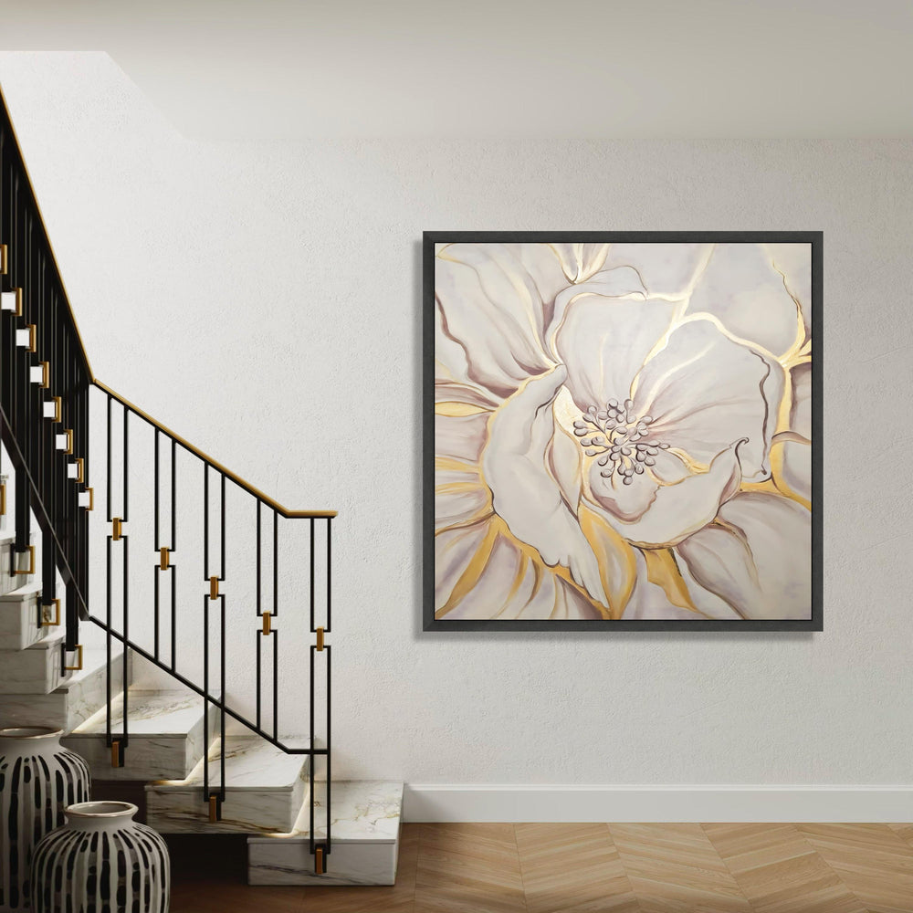 Elegant White Flower Canvas, Soft Petal Close-Up Wall Art, Gold Accent Floral Painting, Modern Home Decor, Ready to Gift Art, Home Decor