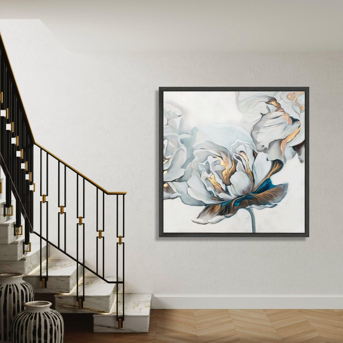 Elegant White Peony Canvas, Floral Wall Art with Gold Accents, Modern Botanical Canvas, Luxury Home Decoration, Ready Gift Art, Home Decor