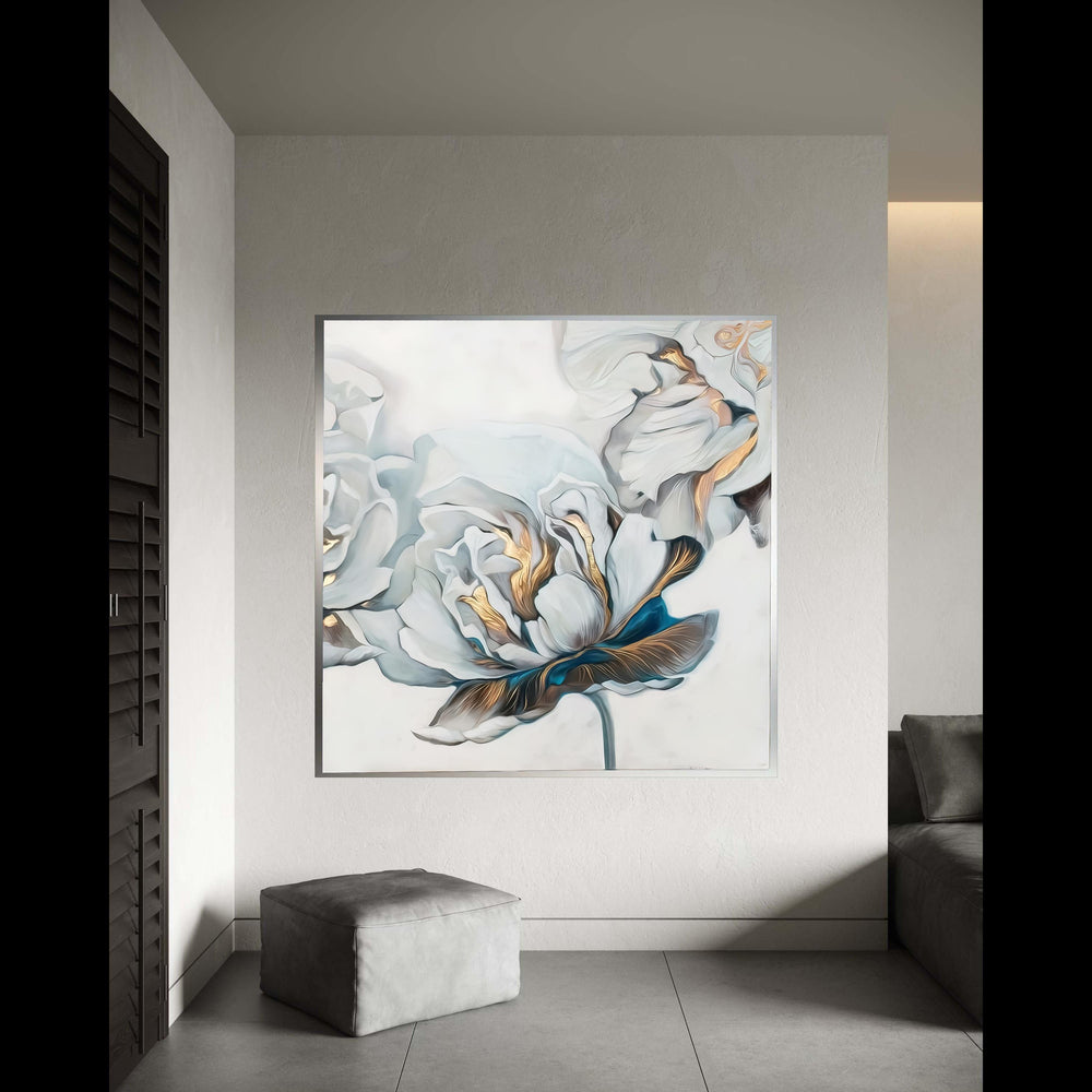 Elegant White Peony Canvas, Floral Wall Art with Gold Accents, Modern Botanical Canvas, Luxury Home Decoration, Ready Gift Art, Home Decor