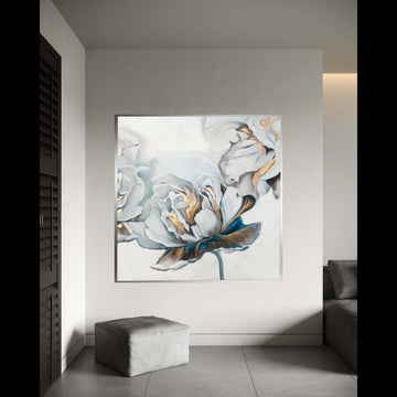 Elegant White Peony Canvas, Floral Wall Art with Gold Accents, Modern Botanical Canvas, Luxury Home Decoration, Ready Gift Art, Home Decor