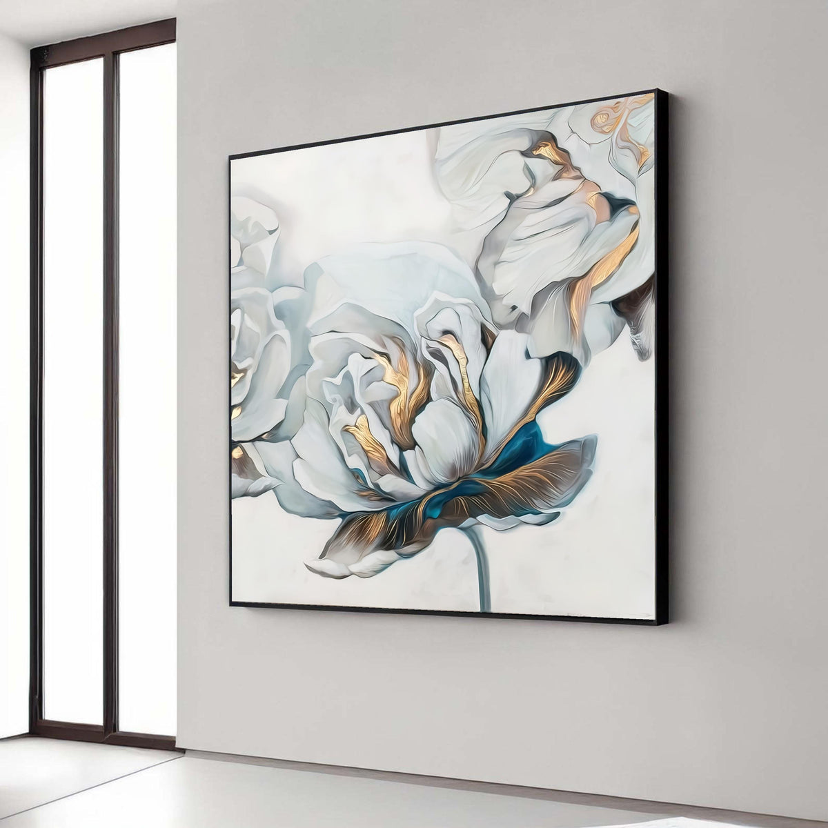 Elegant White Peony Canvas, Floral Wall Art with Gold Accents, Modern Botanical Canvas, Luxury Home Decoration, Ready Gift Art, Home Decor