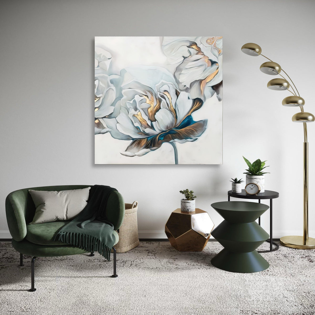 Elegant White Peony Canvas, Floral Wall Art with Gold Accents, Modern Botanical Canvas, Luxury Home Decoration, Ready Gift Art, Home Decor