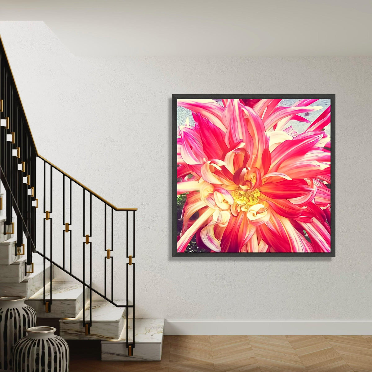 Vibrant Red and Yellow Dahlia Canvas, Floral Macro Photography, Bright Garden Flower Wall Art, Nature Canvas Decor, Gift Art, Home Decor