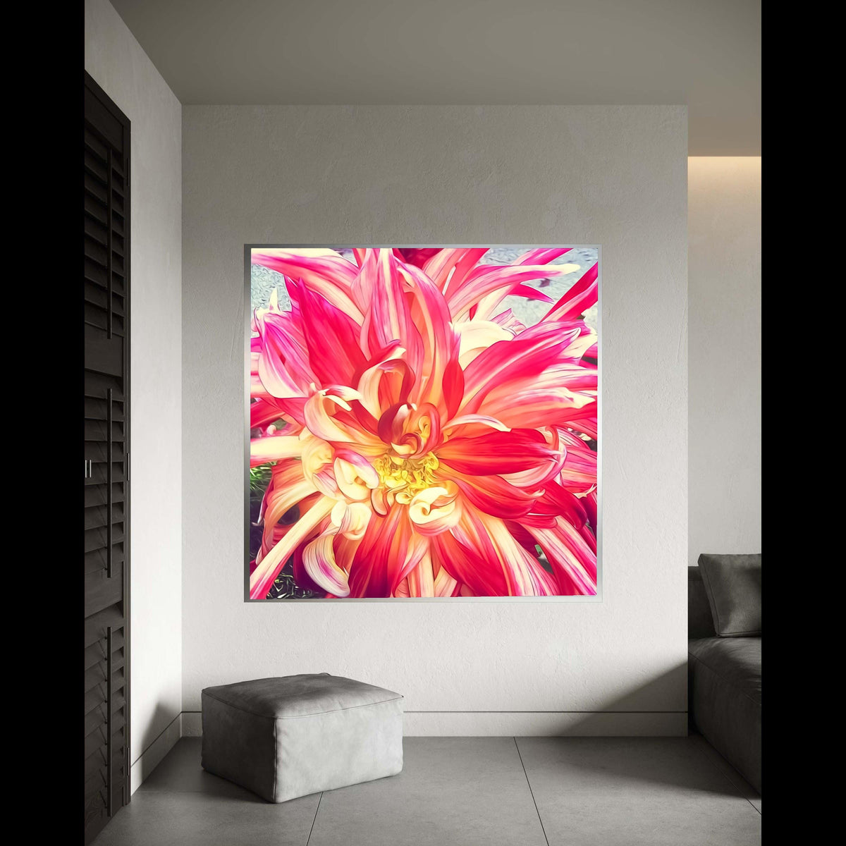 Vibrant Red and Yellow Dahlia Canvas, Floral Macro Photography, Bright Garden Flower Wall Art, Nature Canvas Decor, Gift Art, Home Decor