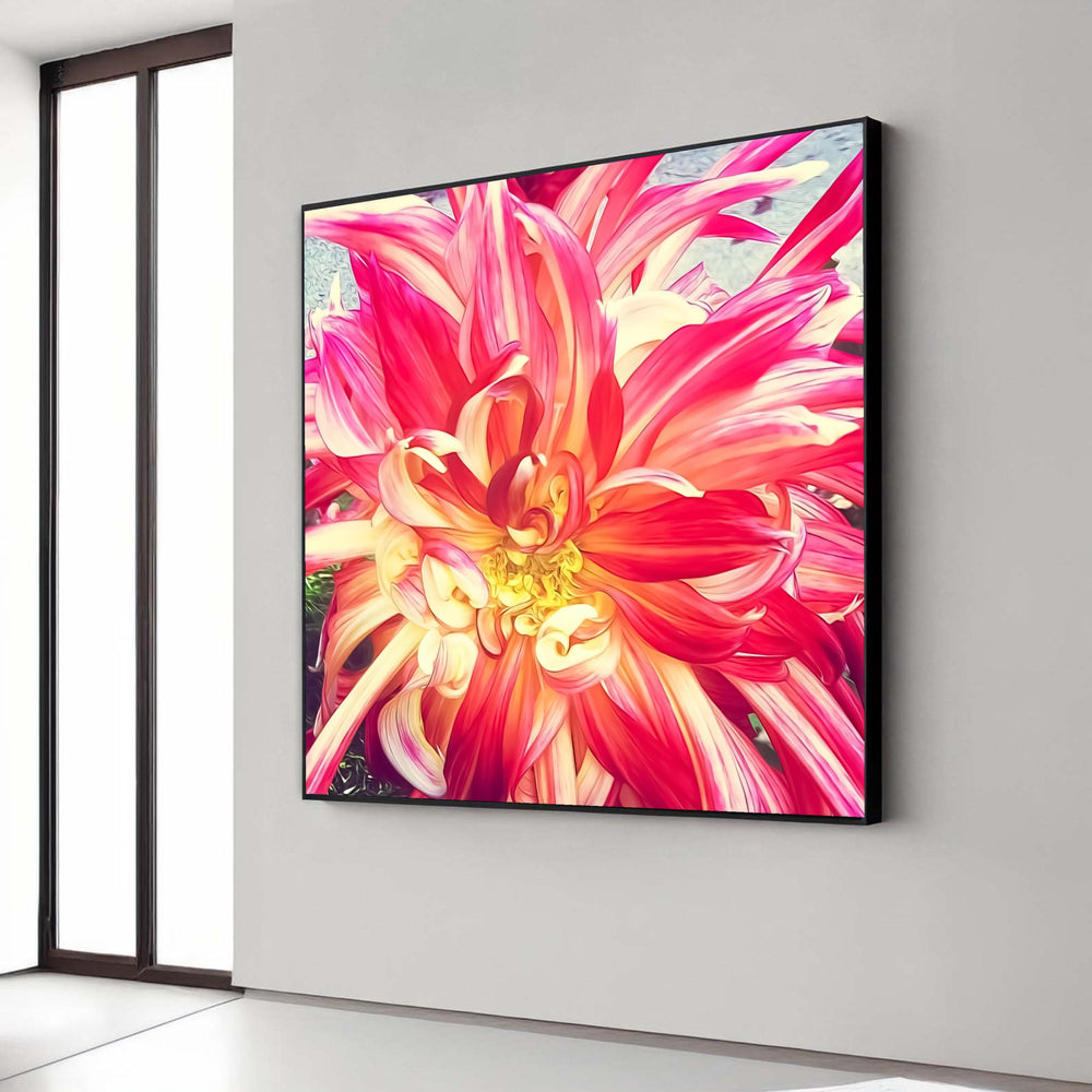 Vibrant Red and Yellow Dahlia Canvas, Floral Macro Photography, Bright Garden Flower Wall Art, Nature Canvas Decor, Gift Art, Home Decor