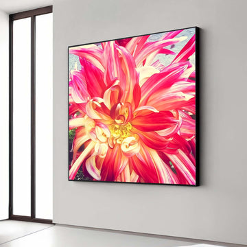 Vibrant Red and Yellow Dahlia Canvas, Floral Macro Photography, Bright Garden Flower Wall Art, Nature Canvas Decor, Gift Art, Home Decor