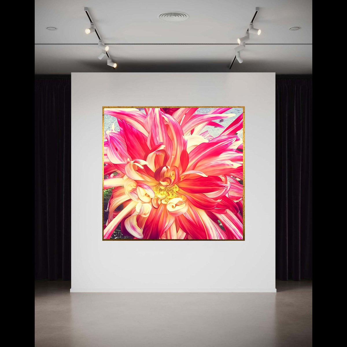 Vibrant Red and Yellow Dahlia Canvas, Floral Macro Photography, Bright Garden Flower Wall Art, Nature Canvas Decor, Gift Art, Home Decor
