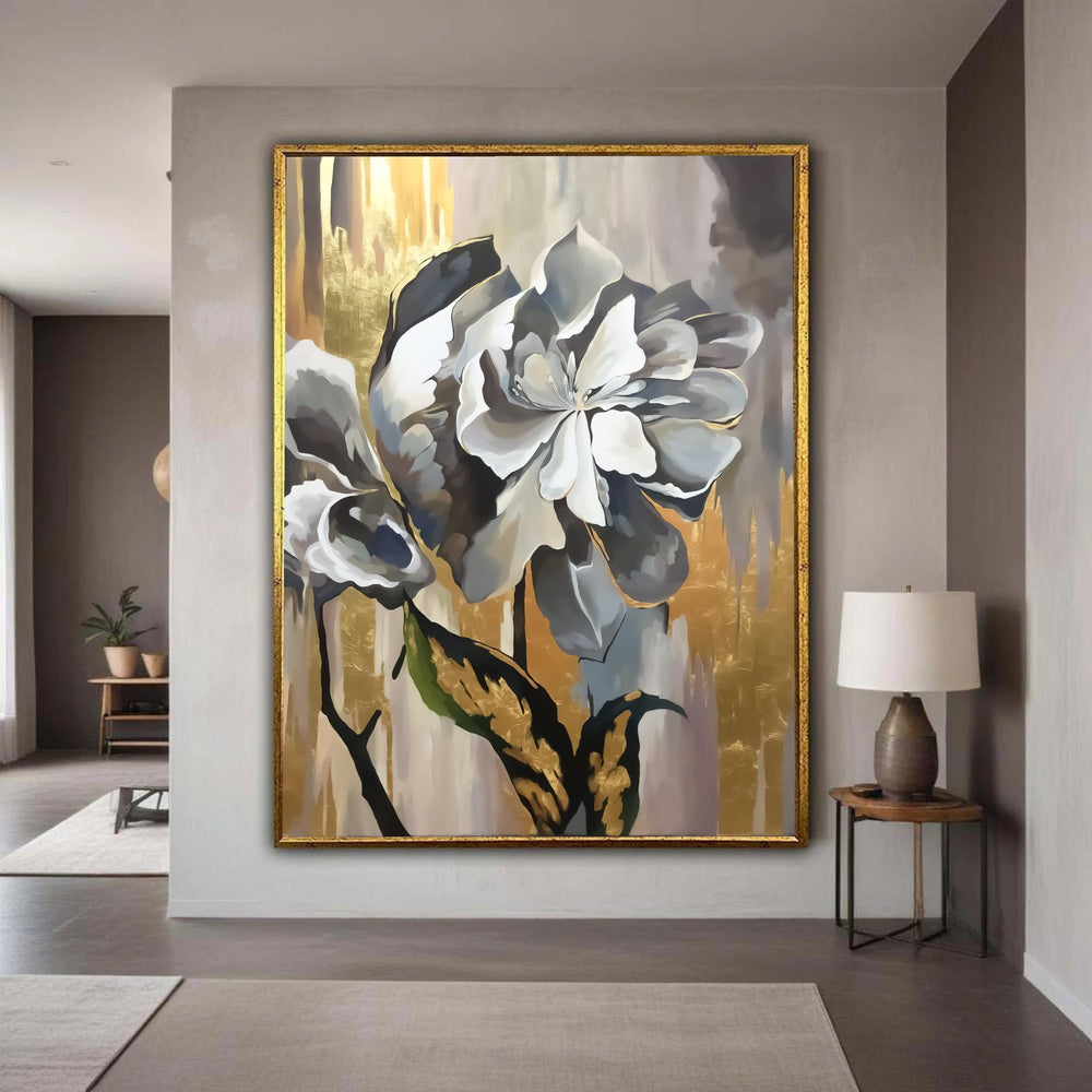 Elegant Abstract Floral Canvas, Gold Accent Wall Art, Modern Flower Painting, Sophisticated Home Decor, Ready to Hang Gift Art, Home Decor