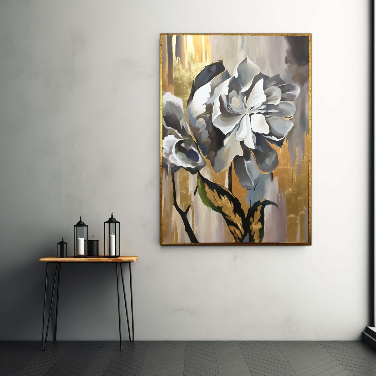 Elegant Abstract Floral Canvas, Gold Accent Wall Art, Modern Flower Painting, Sophisticated Home Decor, Ready to Hang Gift Art, Home Decor