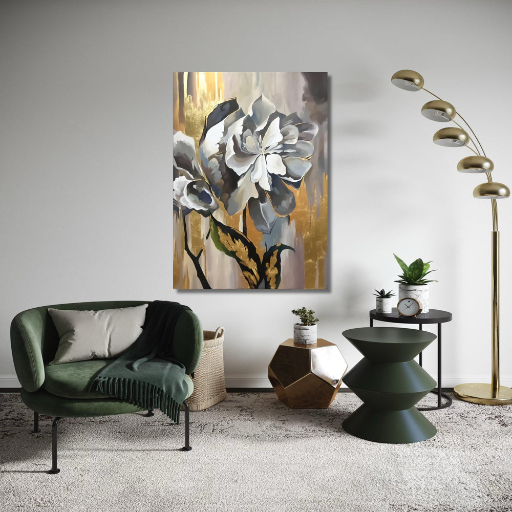 Elegant Abstract Floral Canvas, Gold Accent Wall Art, Modern Flower Painting, Sophisticated Home Decor, Ready to Hang Gift Art, Home Decor