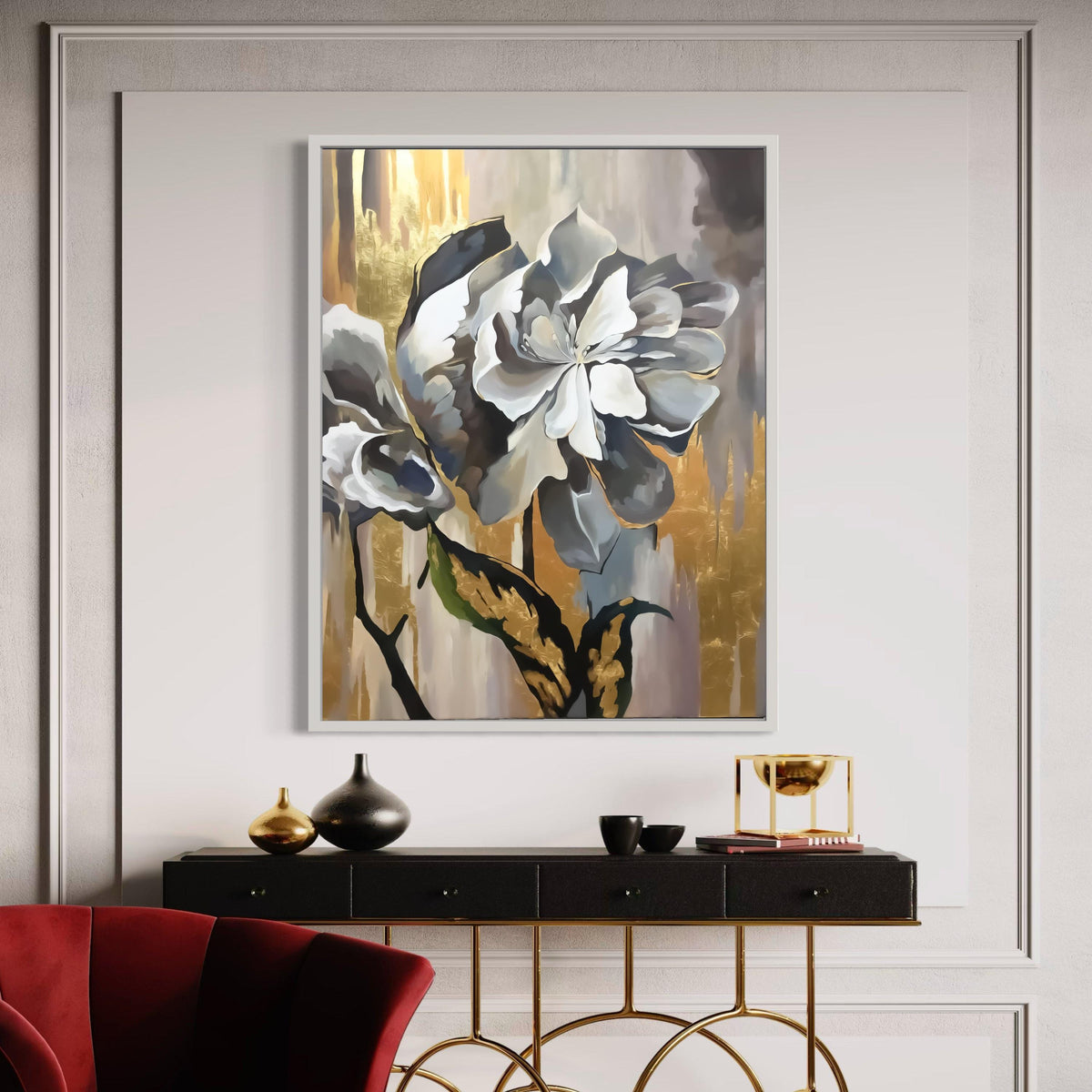 Elegant Abstract Floral Canvas, Gold Accent Wall Art, Modern Flower Painting, Sophisticated Home Decor, Ready to Hang Gift Art, Home Decor