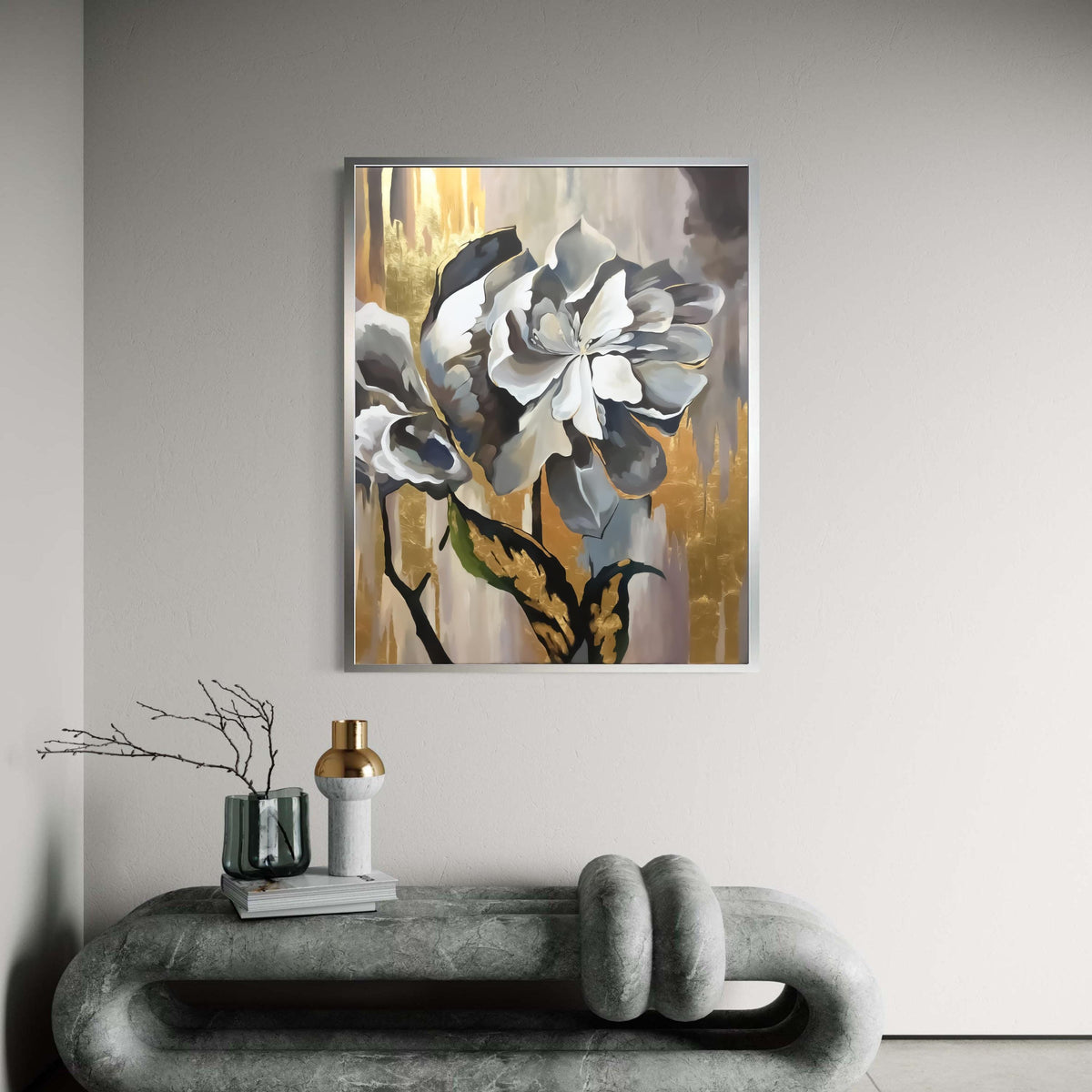 Elegant Abstract Floral Canvas, Gold Accent Wall Art, Modern Flower Painting, Sophisticated Home Decor, Ready to Hang Gift Art, Home Decor
