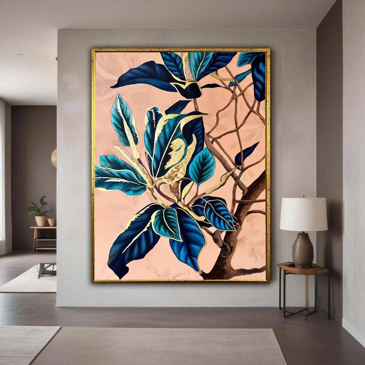 Elegant Blue and Gold Leaves Canvas, Botanical Wall Art, Modern Nature Print, Abstract Floral Home Decor, Ready to Hang Gift Art, Home Decor