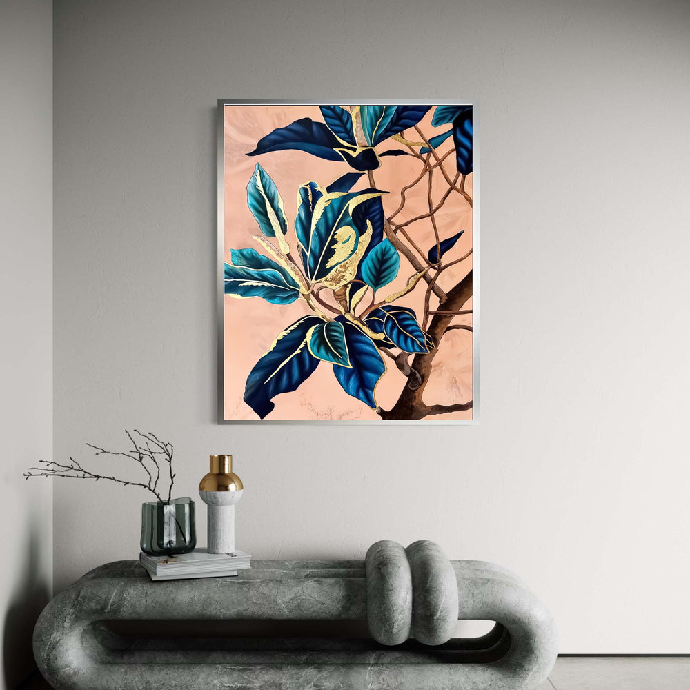 Elegant Blue and Gold Leaves Canvas, Botanical Wall Art, Modern Nature Print, Abstract Floral Home Decor, Ready to Hang Gift Art, Home Decor