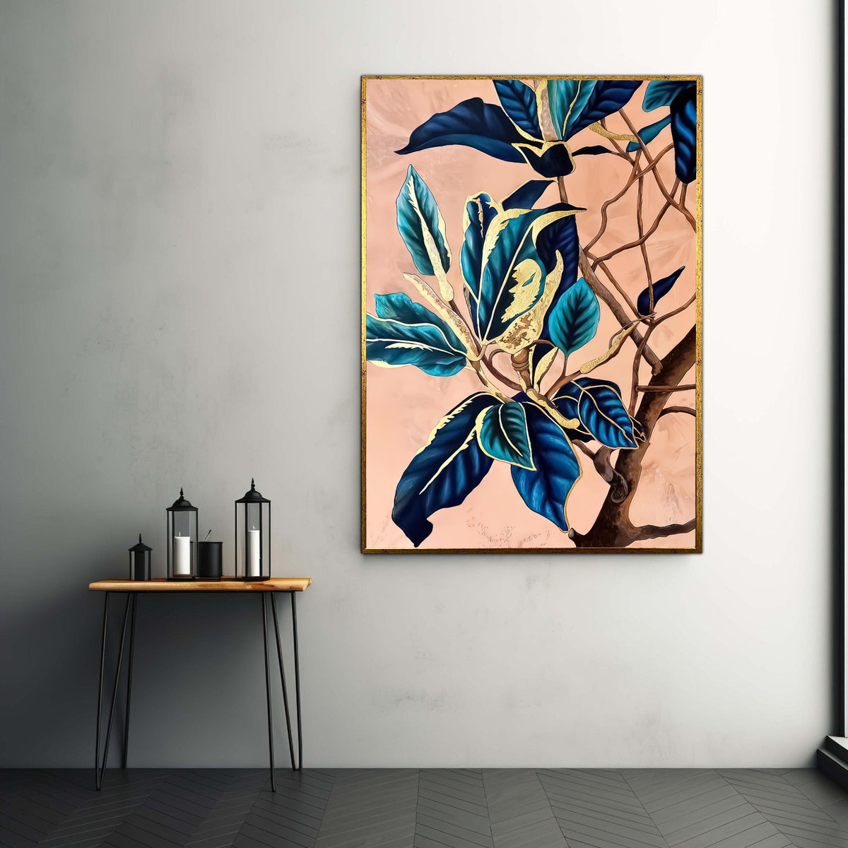 Elegant Blue and Gold Leaves Canvas, Botanical Wall Art, Modern Nature Print, Abstract Floral Home Decor, Ready to Hang Gift Art, Home Decor