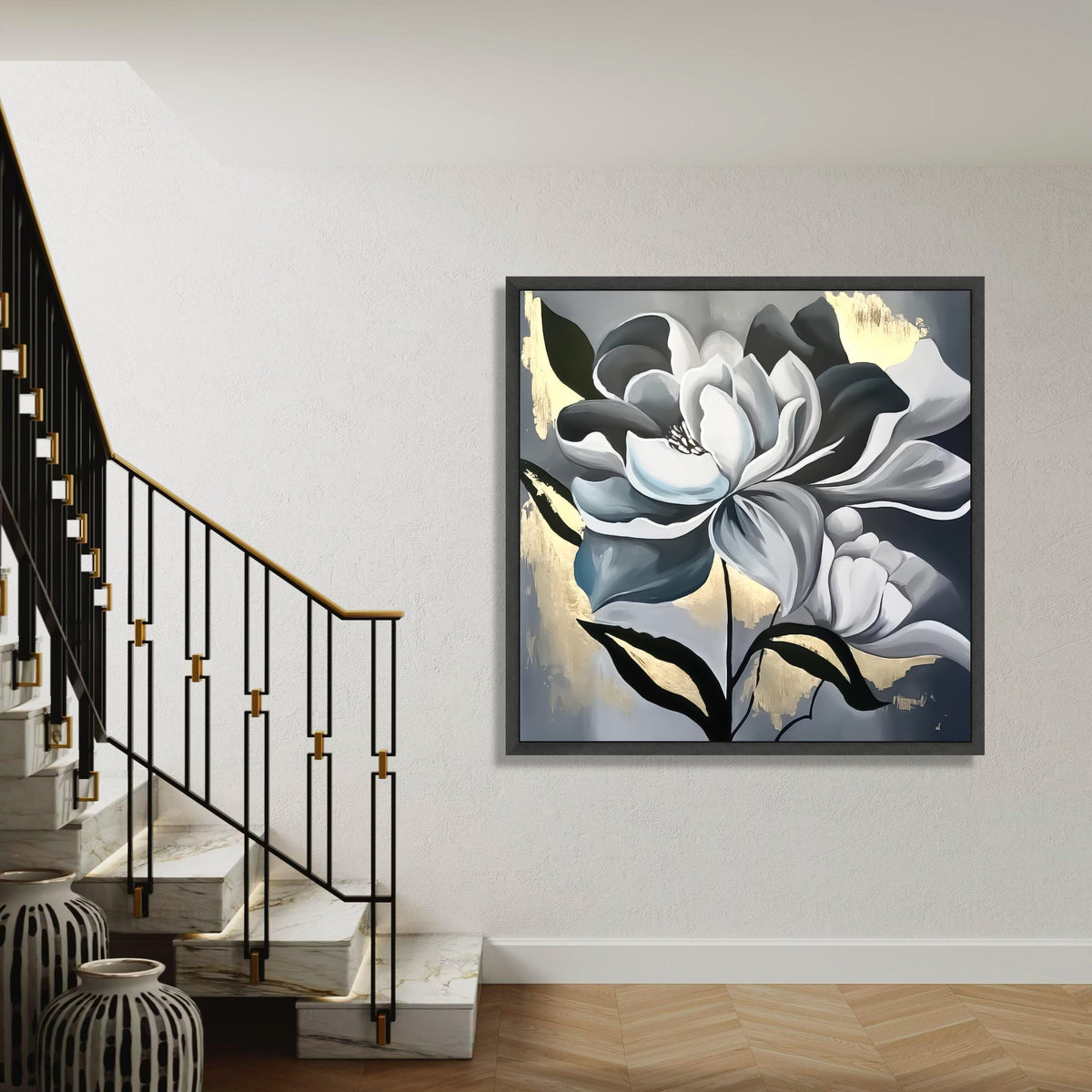 Elegant Black and White Floral Canvas, Modern Magnolia Wall Art, Metallic Gold Accent, Large Flower Painting, Gift Art, Home Decor
