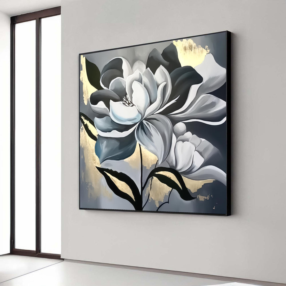 Elegant Black and White Floral Canvas, Modern Magnolia Wall Art, Metallic Gold Accent, Large Flower Painting, Gift Art, Home Decor