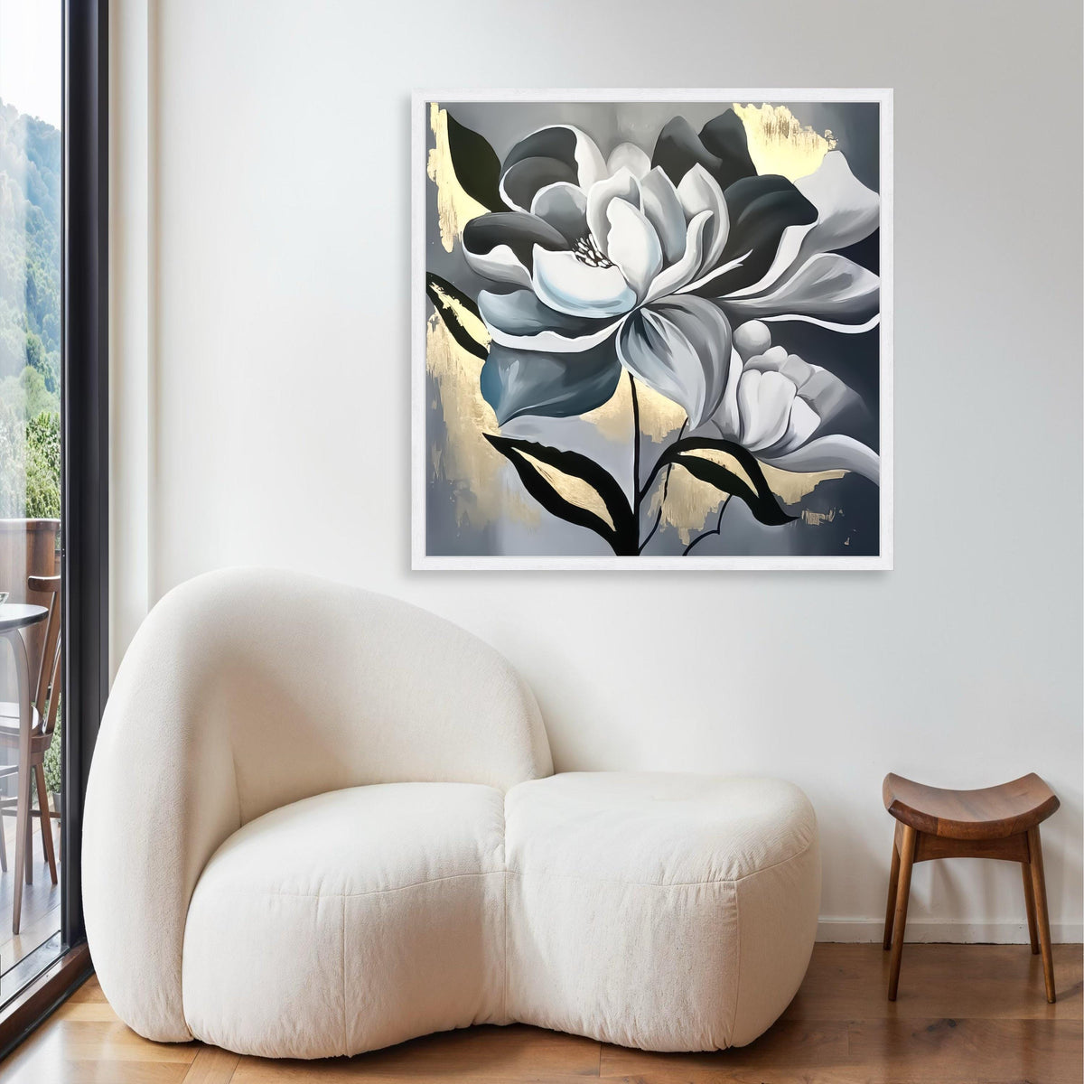 Elegant Black and White Floral Canvas, Modern Magnolia Wall Art, Metallic Gold Accent, Large Flower Painting, Gift Art, Home Decor