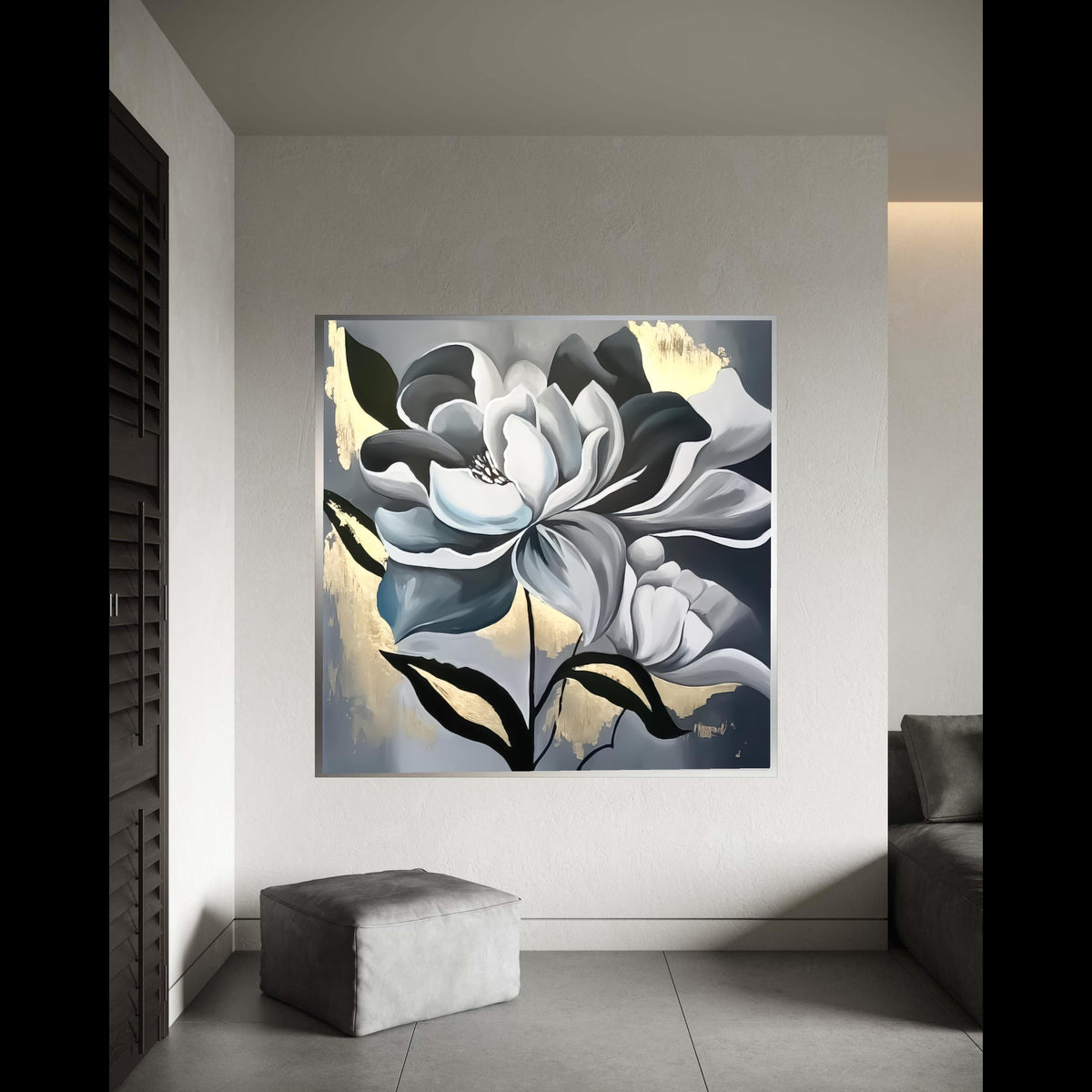 Elegant Black and White Floral Canvas, Modern Magnolia Wall Art, Metallic Gold Accent, Large Flower Painting, Gift Art, Home Decor
