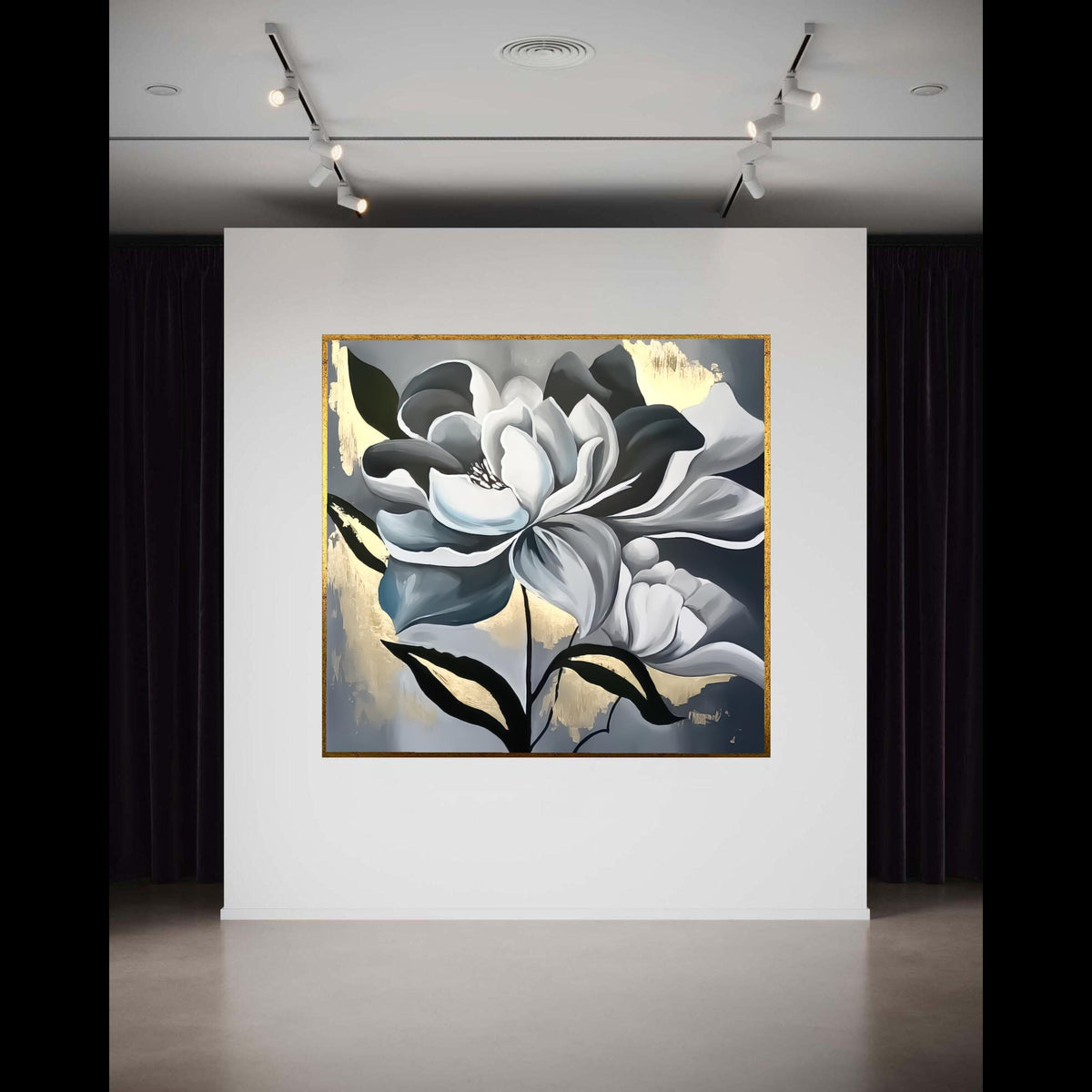 Elegant Black and White Floral Canvas, Modern Magnolia Wall Art, Metallic Gold Accent, Large Flower Painting, Gift Art, Home Decor