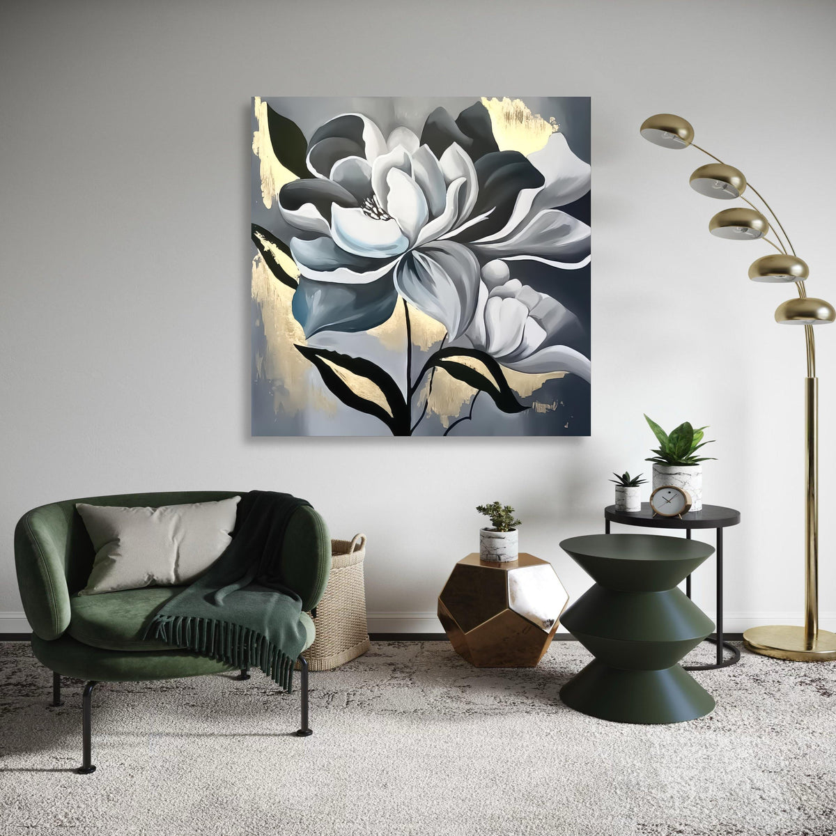 Elegant Black and White Floral Canvas, Modern Magnolia Wall Art, Metallic Gold Accent, Large Flower Painting, Gift Art, Home Decor