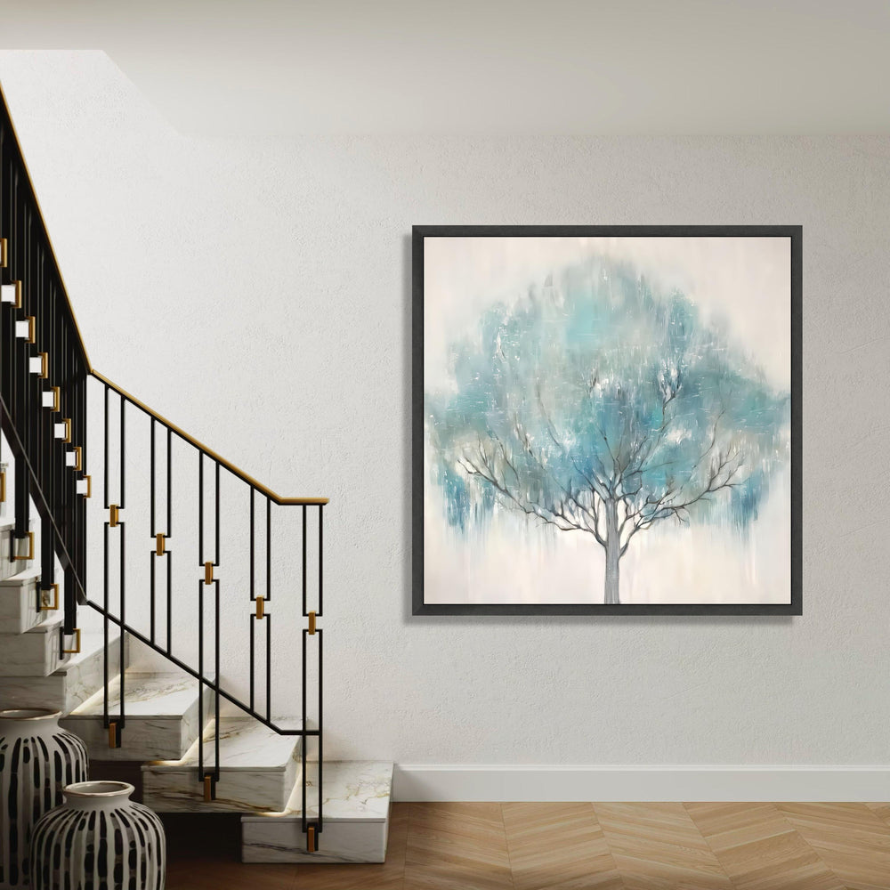 Tranquil Blue Tree Canvas Wall Art, Abstract Nature Painting, Modern Tree Silhouette, Soft Pastel Home Decor, Ready to Gift Art, Home Decor