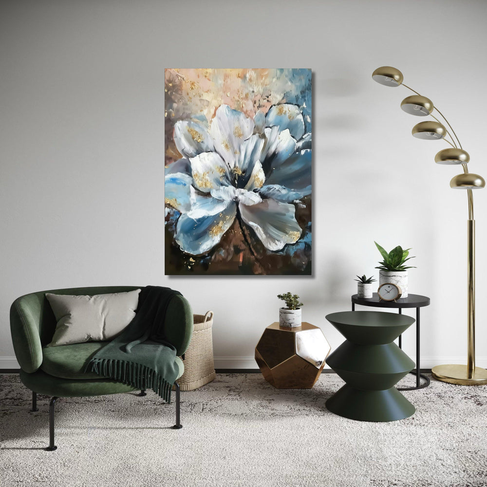 Abstract White Blue Flower Canvas, Petal Wall Art, Modern Floral Canvas Decoration, Elegant Home Decor Painting Gift Art, Home Decor